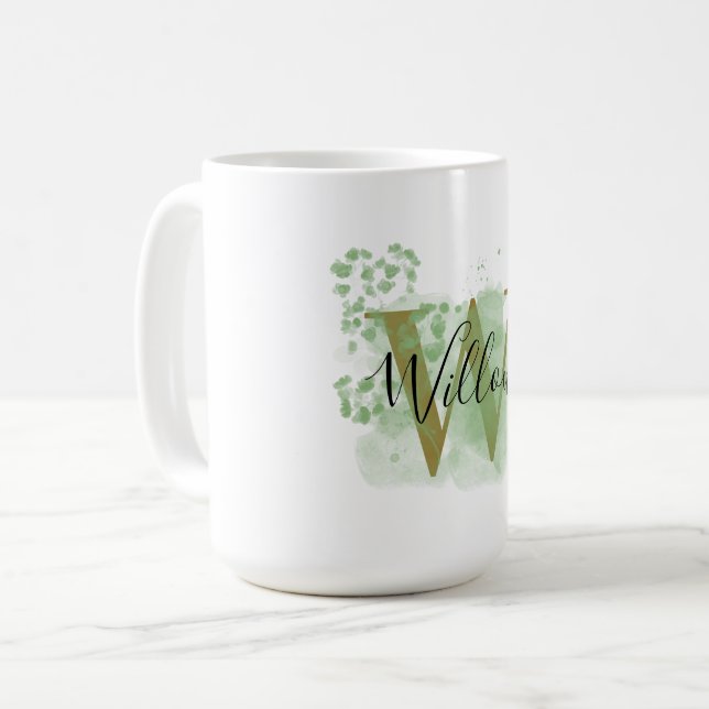 Personalised Green Floral Initial  Coffee Mug (Front Left)