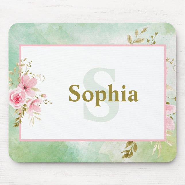 Personalised Green Floral with Name and Monogram Mouse Mat (Front)