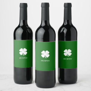 Personalised Green Four Leaf Clover Irish Wine Label