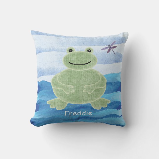 Personalised Green Frog Pillow with Dragonfly (Front)