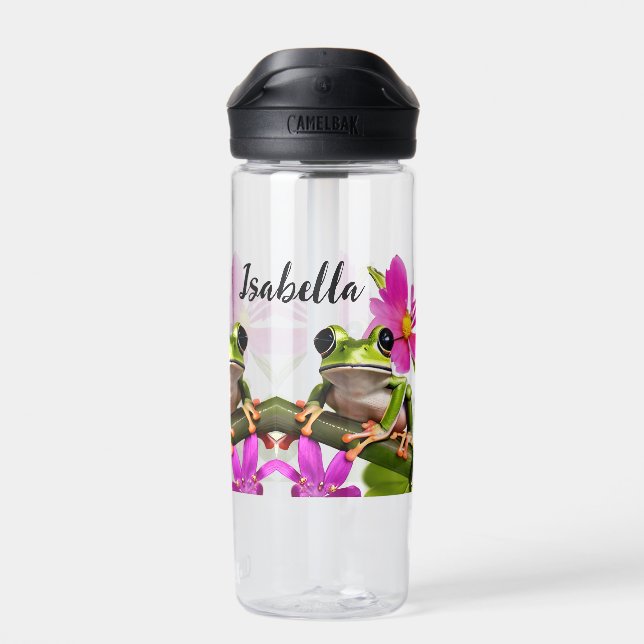 Personalised Green Frog Surrounded by Pink Flowers Water Bottle (Back)