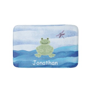Personalised Green Frog with Dragonfly for kids Bath Mat