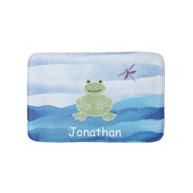 Personalised Green Frog with Dragonfly for kids Bath Mat (Front)