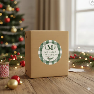 Personalised Green Gingham Christmas Monogram Classic Round Sticker