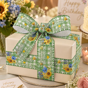 Personalised Green Gingham Floral Birthday Satin Ribbon