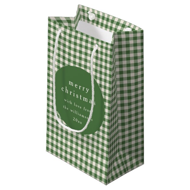Personalised Green Gingham Plaid Name Christmas Small Gift Bag (Front Angled)