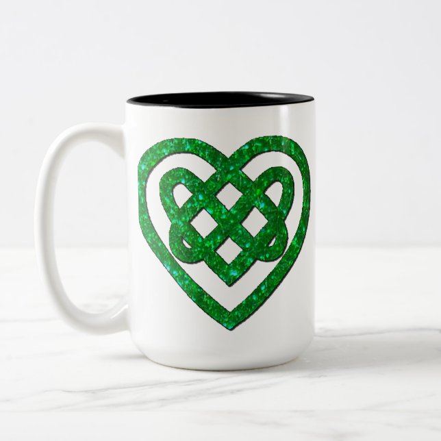 Personalised Green Glitter Celtic Heart Knot Mug (Left)