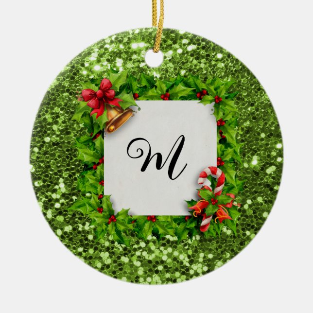 Personalised Green Glitter Christmas Ceramic Tree Decoration (Front)