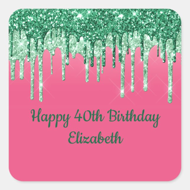 Personalised Green Glitter Drips Pink Party Square Sticker (Front)