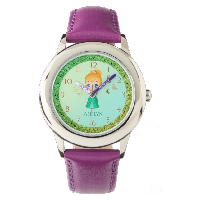 Personalised Green Glitter Princess Learning     Watch (Front)
