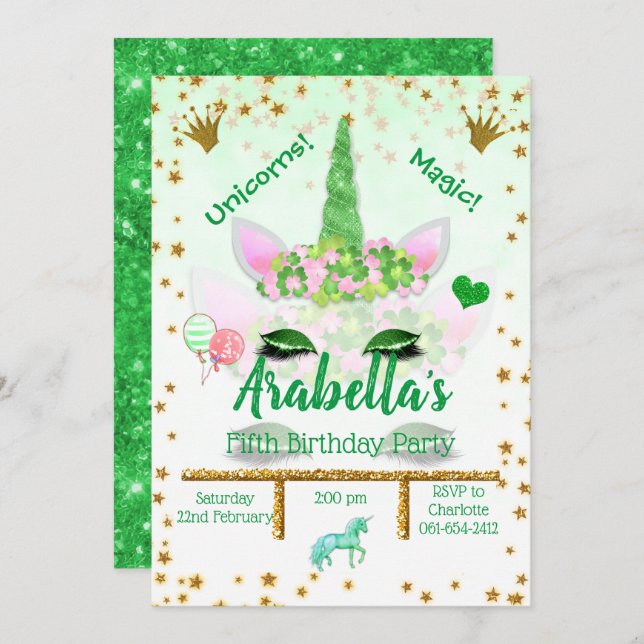 Personalised Green Glitter Unicorn Birthday  Invitation (Front/Back)