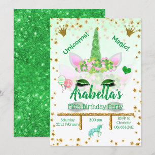 Personalised Green Glitter Unicorn Birthday  Invitation