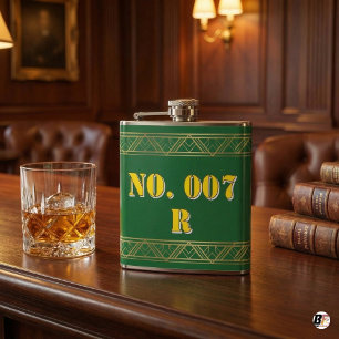 Personalised Green & Gold Art Deco Custom Text Vin Hip Flask