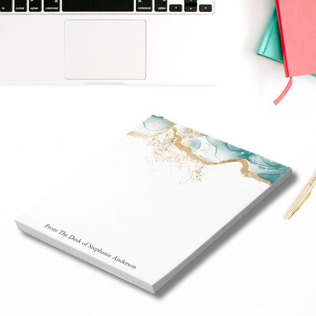 Personalised Green Gold Glitter Alcohol Ink Wash Notepad (Green marble Watercolor Wash Alcohol Ink Gold Glitter Personalized Note pad. )
