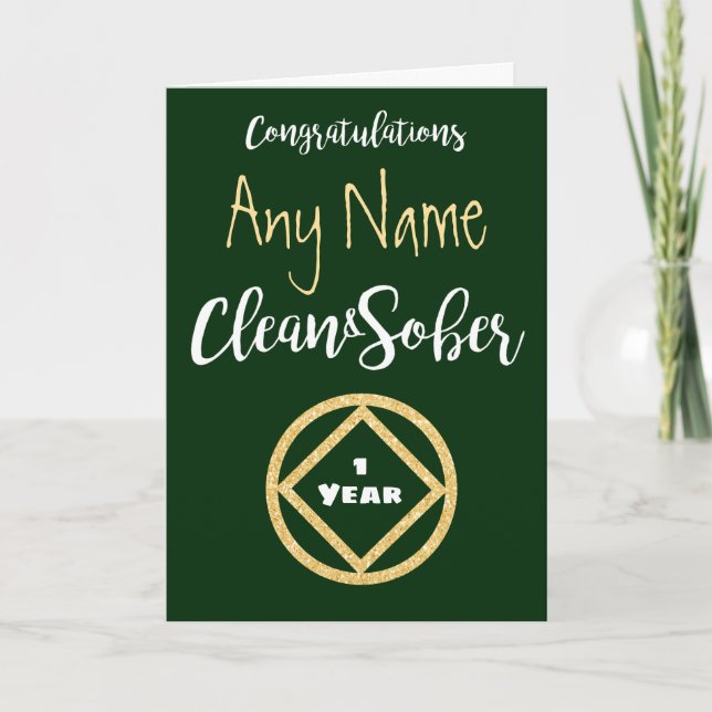 Personalised Green & Gold NA sobriety sober 1 year Card (Front)
