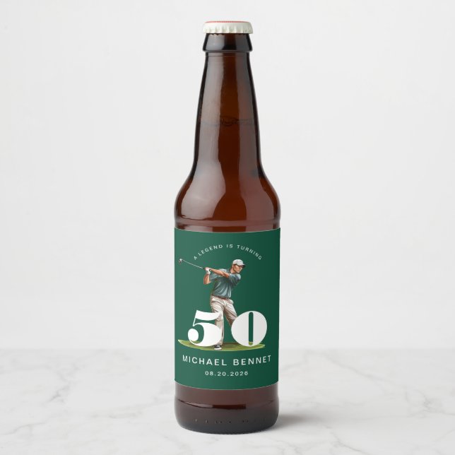 Personalised Green Golf 50th Birthday Beer Bottle Label (Front)