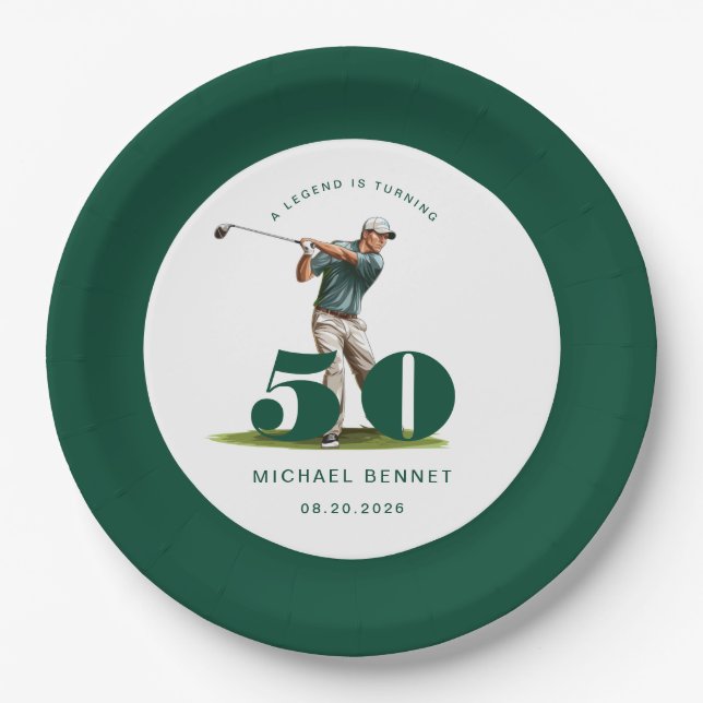 Personalised Green Golf 50th Birthday Paper Plate (Front)