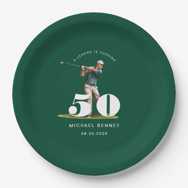 Personalised Green Golf 50th Birthday Paper Plate (Front)