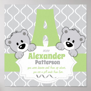 Personalised Green & Grey Teddy Bear Nursery Room Poster