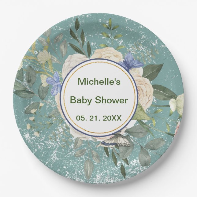 Personalised Green Grey White Florals Paper Plate (Front)