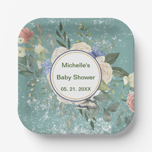 Personalised Green Grey White Florals Square Paper Plate (Front)