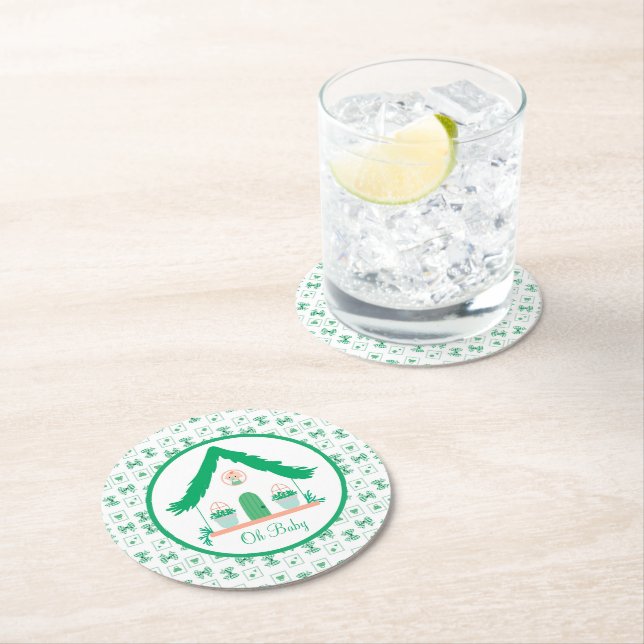 Personalised Green House Oh Baby Shower Round Paper Coaster (Insitu)