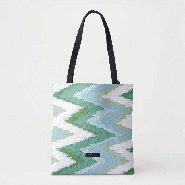 Personalised green Ikat Chevron Pattern Bridesmaid Tote Bag (Front)