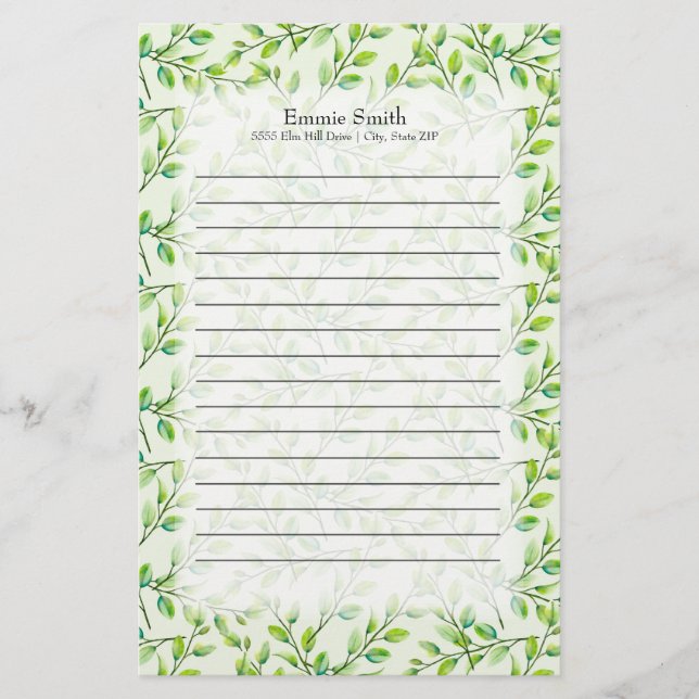Personalised Green Leaves and Branches Stationery (Front)
