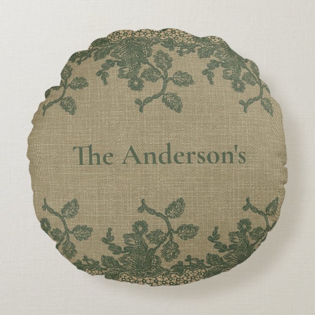Personalised Green Leaves Lace Tan Rustic Country Round Cushion (Front)