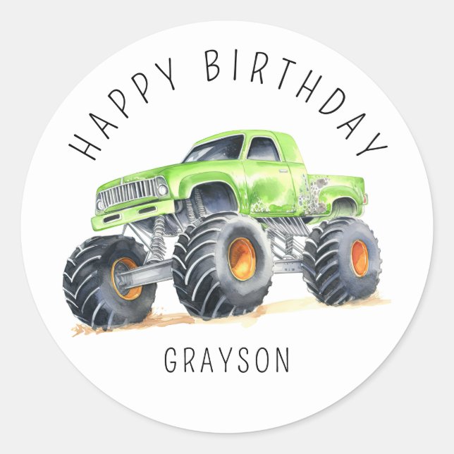 Personalised Green Monster Truck Birthday Gift Classic Round Sticker (Front)