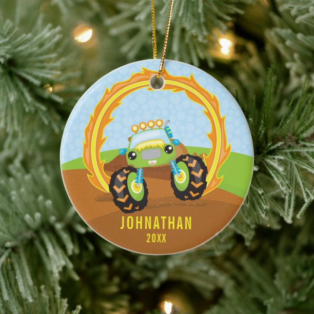 Personalised Green Monster Truck Boy Christmas Ceramic Tree Decoration (Tree)