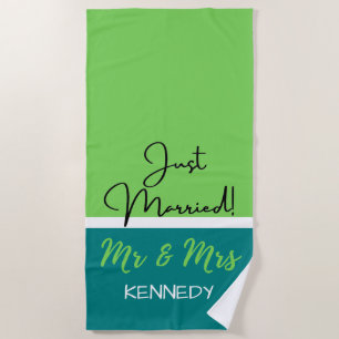 Personalised Green Mr And Mrs Just Married Beach Towel