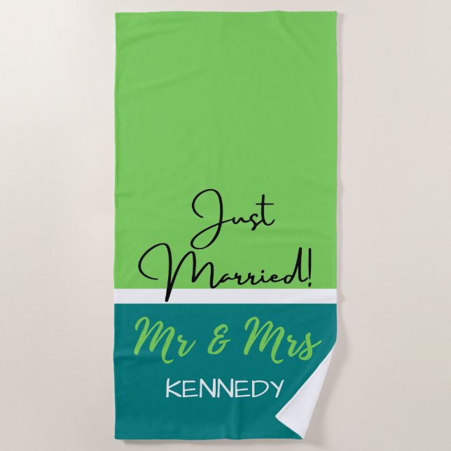 Personalised Green Mr And Mrs Just Married Beach Towel (Front)