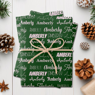 Personalised Green Name Font Collage Christmas Wrapping Paper Sheet