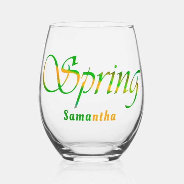 Personalised Green Orange Colourful Abstract Sprin Stemless Wine Glass (Front)