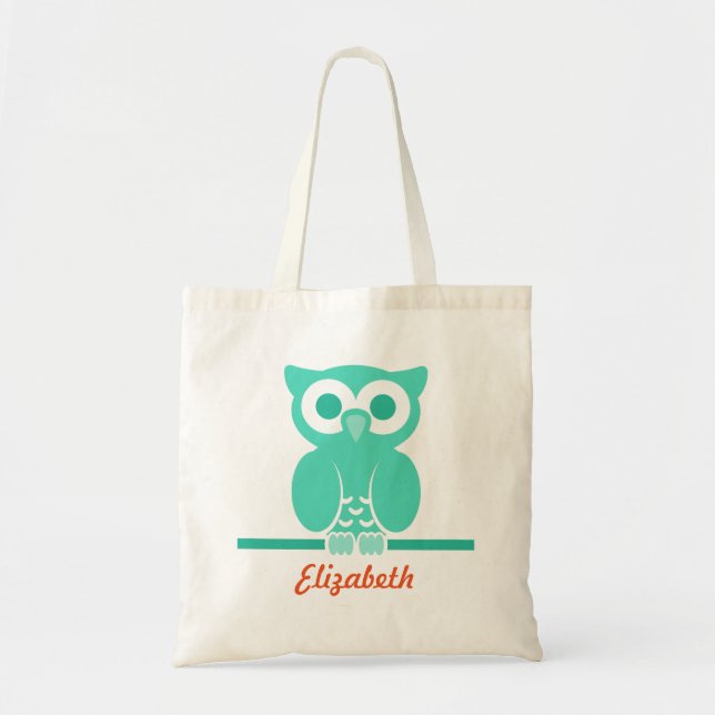 Personalised Green Owl kids Tote Bag (Front)