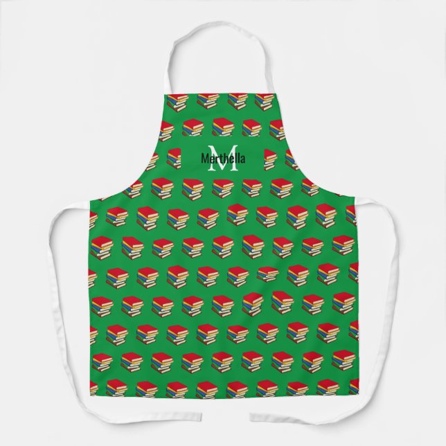 Personalised Green Pile of Books Apron (Front)