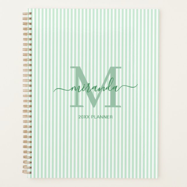 Personalised Green Pinstripe Monogram Planner (Front)