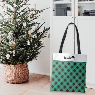 Personalised Green Plaid Buffalo Check Patterned Tote Bag