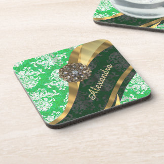 Personalised green pretty girly damask pattern coaster