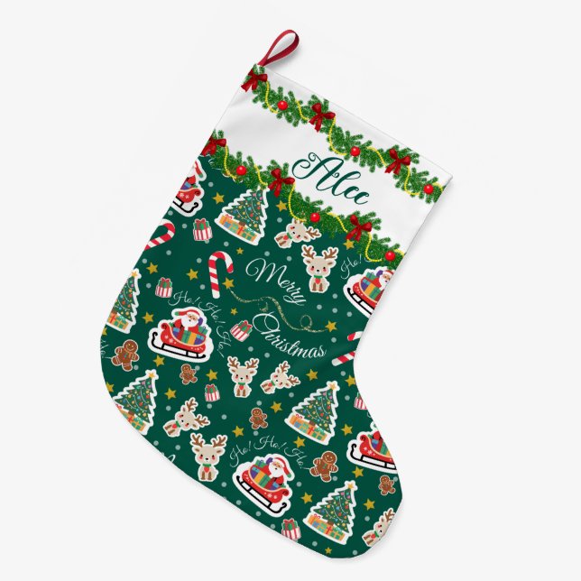 Personalised Green Santa Merry Christmas Large Christmas Stocking (Front (Hanging))