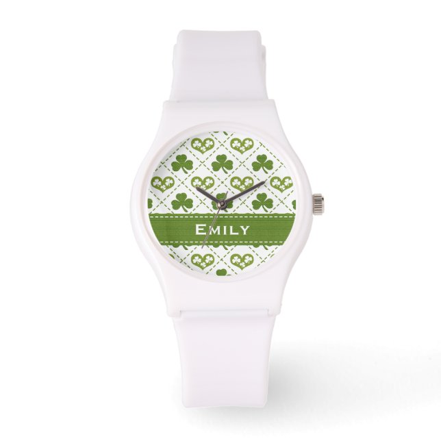 Personalised Green Shamrock and Hearts Watch (Front)