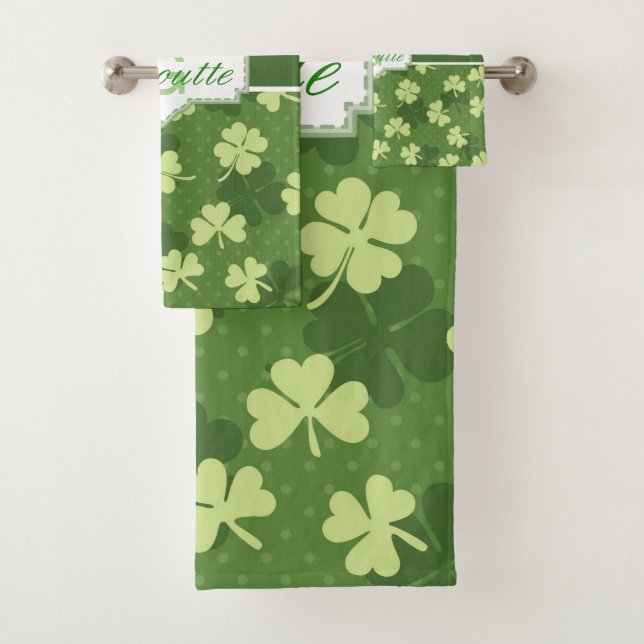 Personalised Green Shamrock St Patricks Day Bath Towel Set (Insitu)