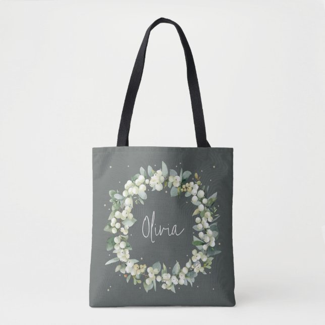 Personalised Green Snowberry+Eucalyptus Wedding Tote Bag (Front)