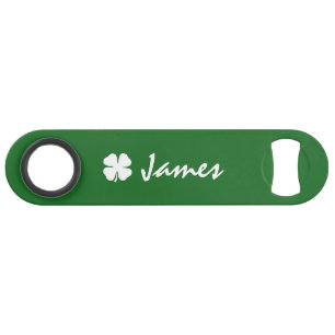 Personalised green St Pats shamrock bottle opener