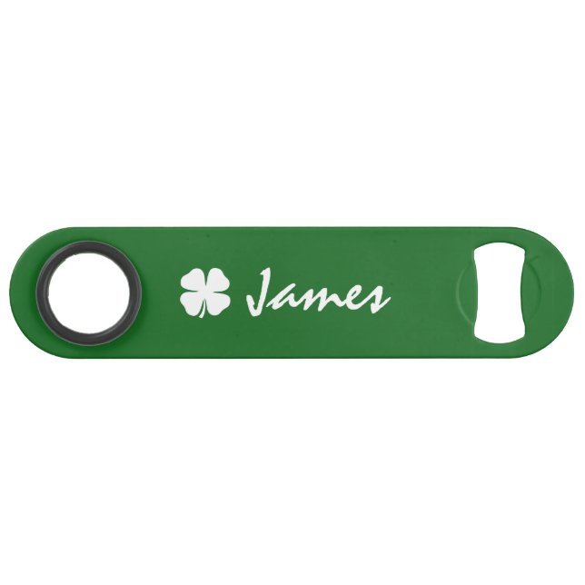 Personalised green St Pats shamrock bottle opener (Front (Horizontal))