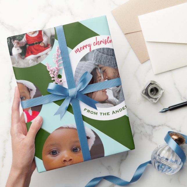 Personalised Green Stripe Fab Three Photo Xmas Wrapping Paper (Gifting)