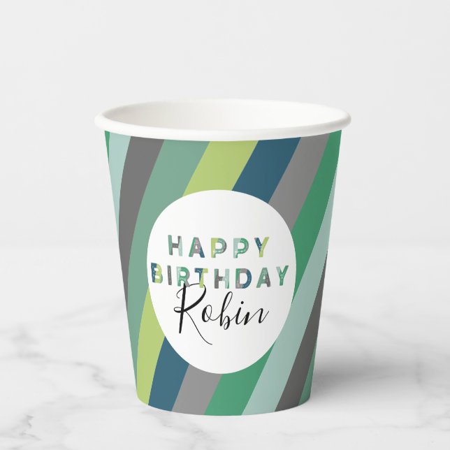 Personalised Green Striped Letters Birthday Party Paper Cups (Front)