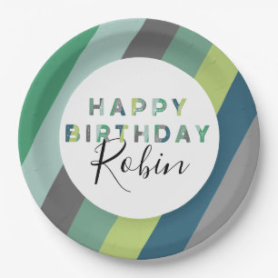 Personalised Green Striped Letters Birthday Party Paper Plate