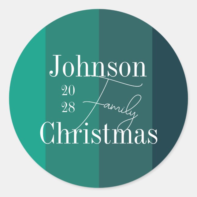 Personalised Green Stripes Family Name Christmas Classic Round Sticker (Front)